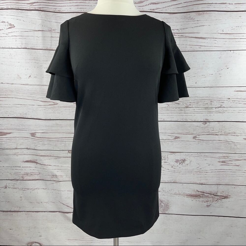 Calvin Klein little black dress LBD bell ruffle sleeves crepe material